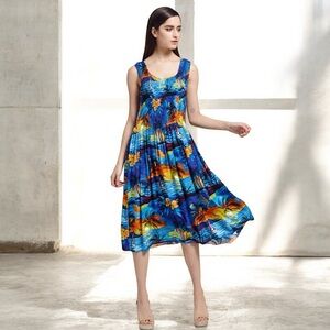 Hawaii Hangover Vibrant Sunset Blue Elastic Luau sleeveless A-line Tank Dress
